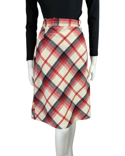 VINTAGE 60s 70s WHITE BLUE RED PLAID CHECKED WOOL KNEE-LENGTH SKIRT 8