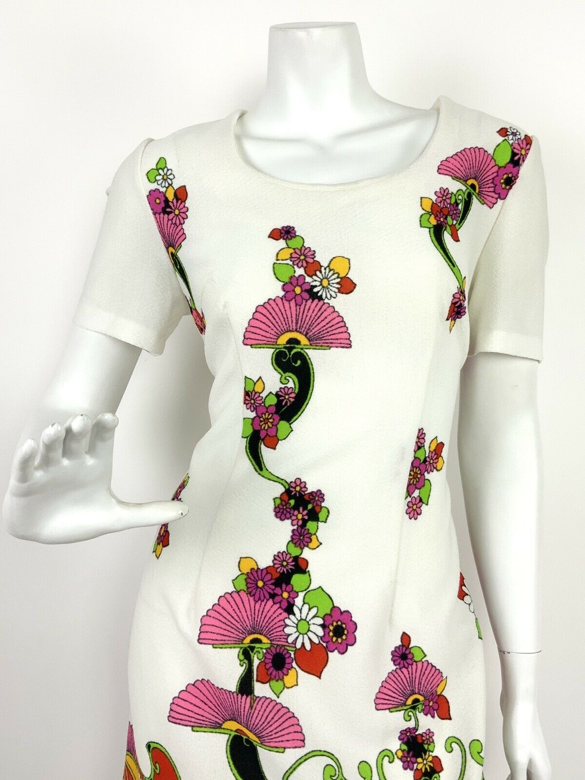 VTG 60s 70s WHITE BLACK PINK YELLOW RED FLORAL PSYCHEDELIC PAISLEY DRESS 12 14