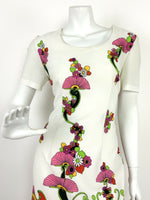 VTG 60s 70s WHITE BLACK PINK YELLOW RED FLORAL PSYCHEDELIC PAISLEY DRESS 12 14