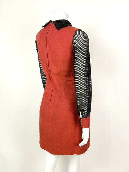 VINTAGE 60s 70s RUST RED BLACK GLITTER MESH FITTED DRESS 8