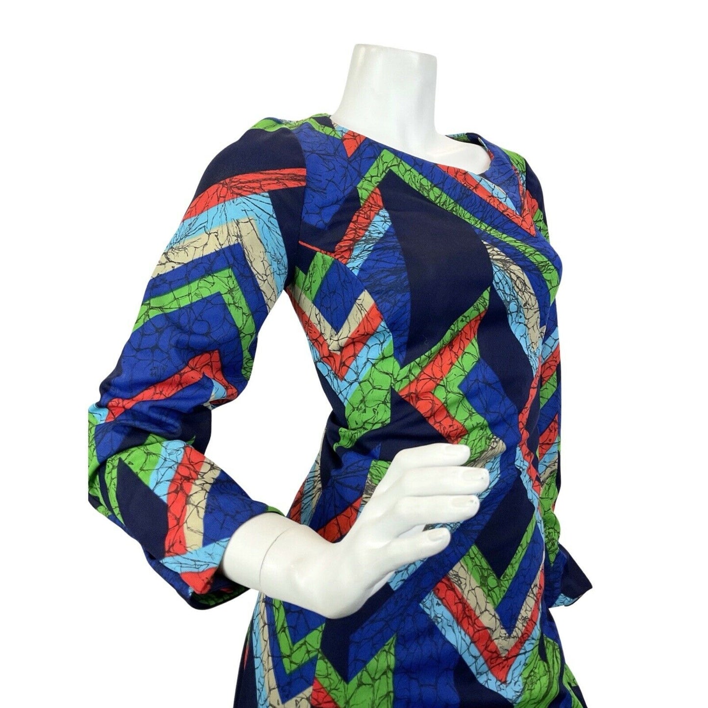 VINTAGE 60s 70s BLUE RED GREEN GEOMETRIC MARBLED OP-ART MOD MAXI DRESS 10