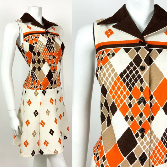 VINTAGE 60s 70s WHITE BROWN ORANGE DIAMOND PREPPY SLEEVELESS DRESS 8 10