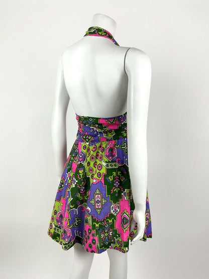 VTG 60s 70s NEON PINK PURPLE GREEN AZTEC PSYCHEDELIC HALTER MINI DRESS 12