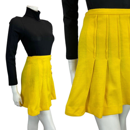 VTG 60s 70s BRIGHT YELLOW HIGH WAISTED A-LINE MINI GOGO MOD PLEATED SKIRT 4 6 8