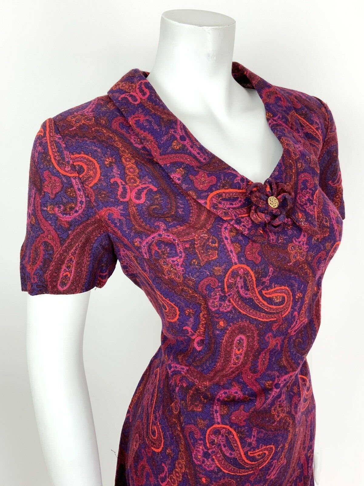 VTG 60s 70s PURPLE PINK ORANGE FLORAL PAISLEY CHELSEA COLLAR SHIFT DRESS 14 16