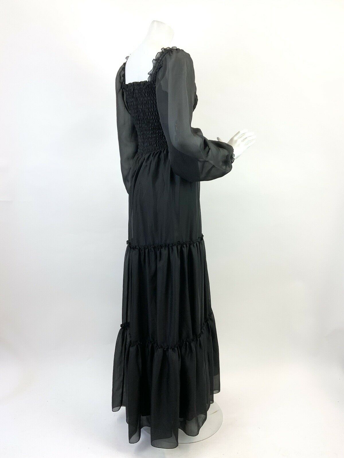 VINTAGE 60s 70s BLACK SHEER PUFF SLEEVE SHIRRED BOHO FOLK MAXI DRESS 4 6