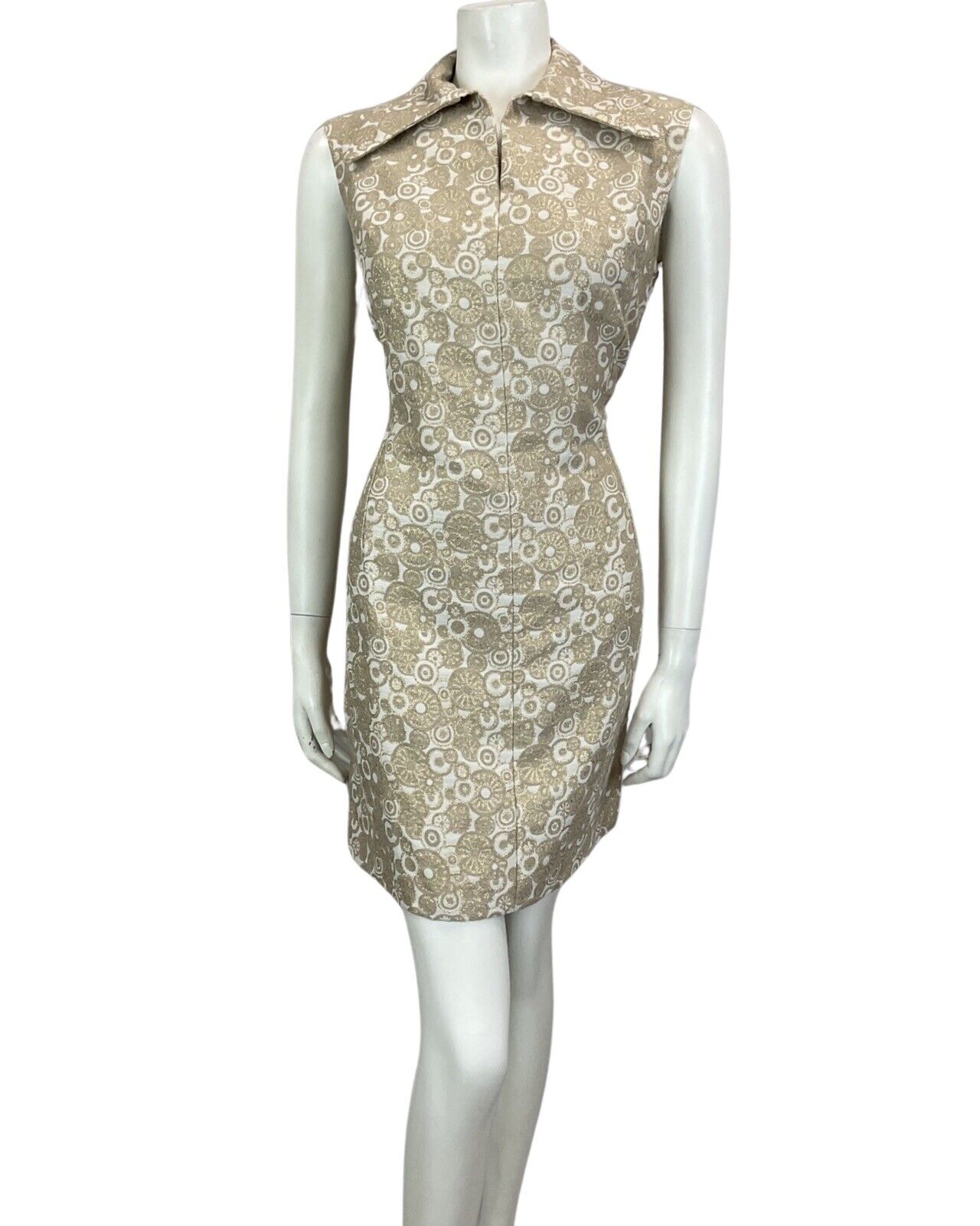 VTG 60s 70s GOLD BEIGE MOD DAGGAR COLLAR MINI PARTY CHRISTMAS EVENING DRESS 14