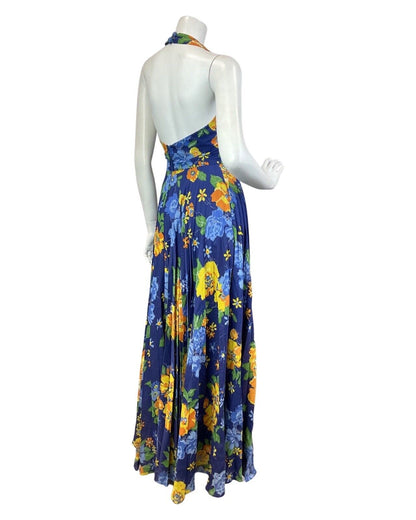 VINTAGE 60s 70s BLUE ORANGE YELLOW FLORAL ROSE HALTER SUMMER MAXI DRESS 8