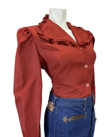 VINTAGE 60s 70s CHERRY RED RUFFLED FITTED BLOUSE SHIRT 14 16