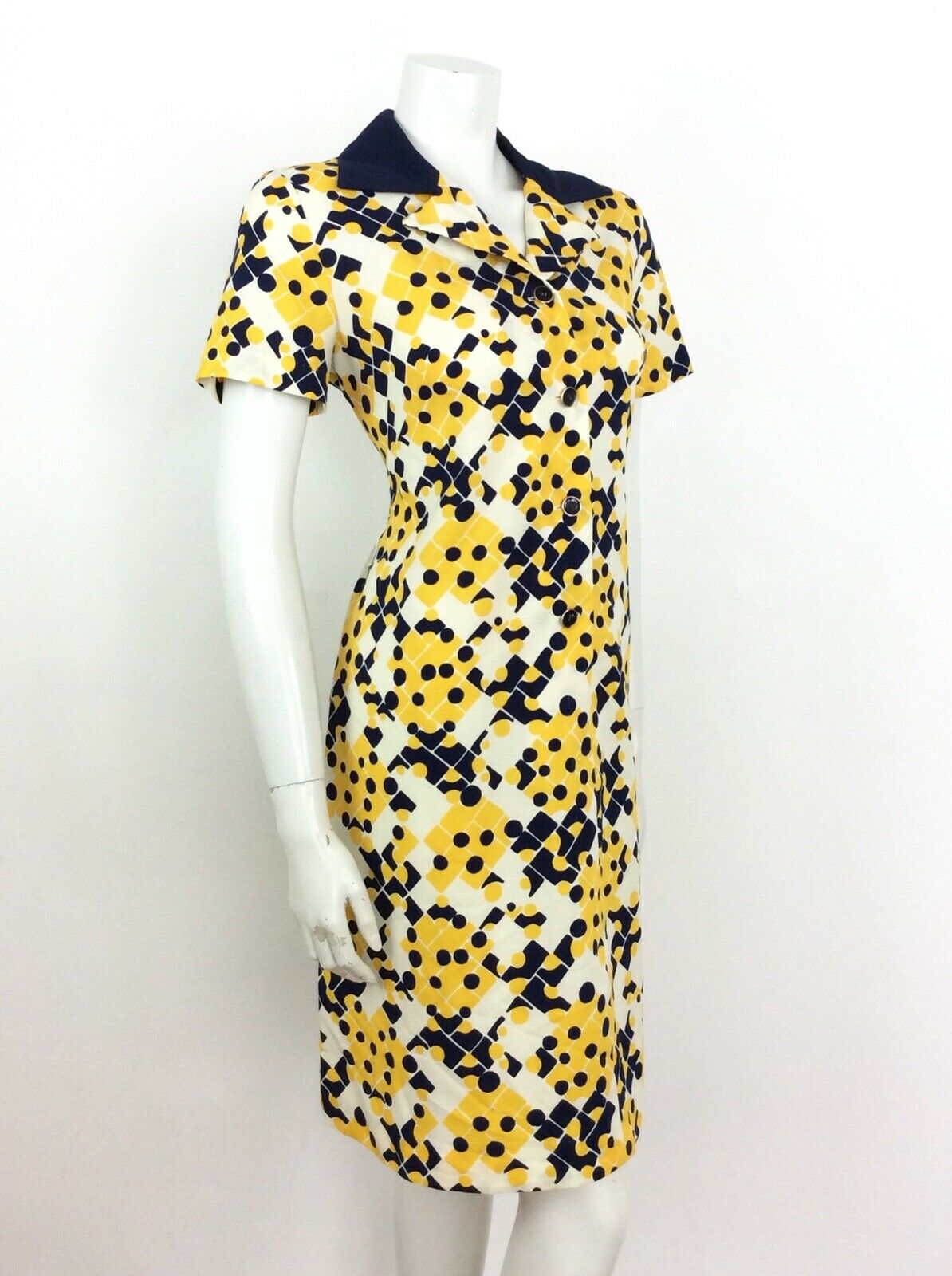 VINTAGE 60s 70s SHIRT DRESS GEOMETRIC ABSTRACT BLUE YELLOW CREAM WHITE 14 16