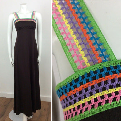 60S 70S VINTAGE BOHO BROWN RAINBOW CROCHET MAXI DRESS 6 8