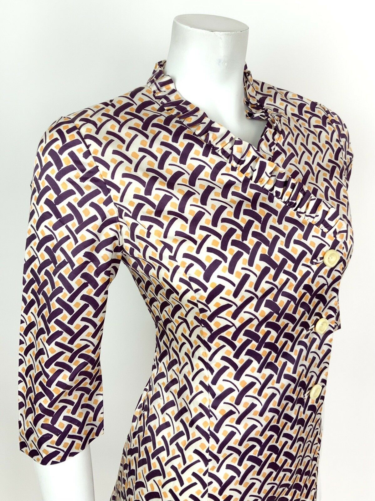 VINTAGE 60s 70s WHITE PURPLE YELLOW GEOMETRIC RUFFLE MOD SHIFT DRESS 8 10