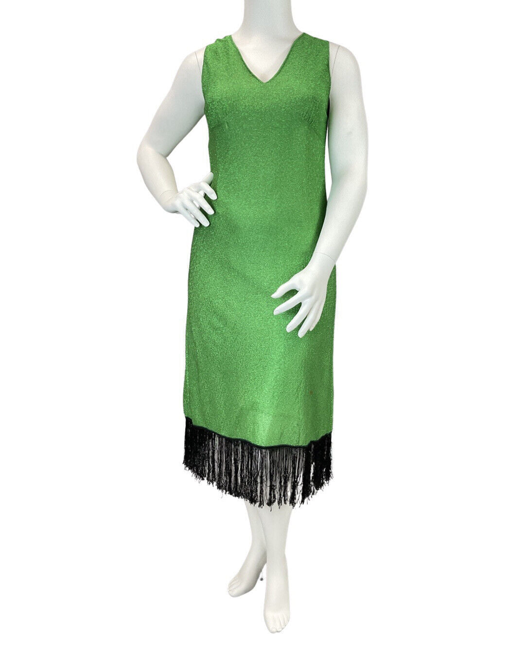 VINTAGE 60s 70s GREEN METALLIC LUREX FRINGED STUDIO 54 DISCO PARTY DRESS 14 16