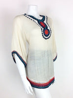 VTG 70s CREAM RED BLUE ORANGE PINK BOHO HIPPY ETHNIC CROCHET BLOUSE TOP 10 12 14