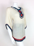 VTG 70s CREAM RED BLUE ORANGE PINK BOHO HIPPY ETHNIC CROCHET BLOUSE TOP 10 12 14