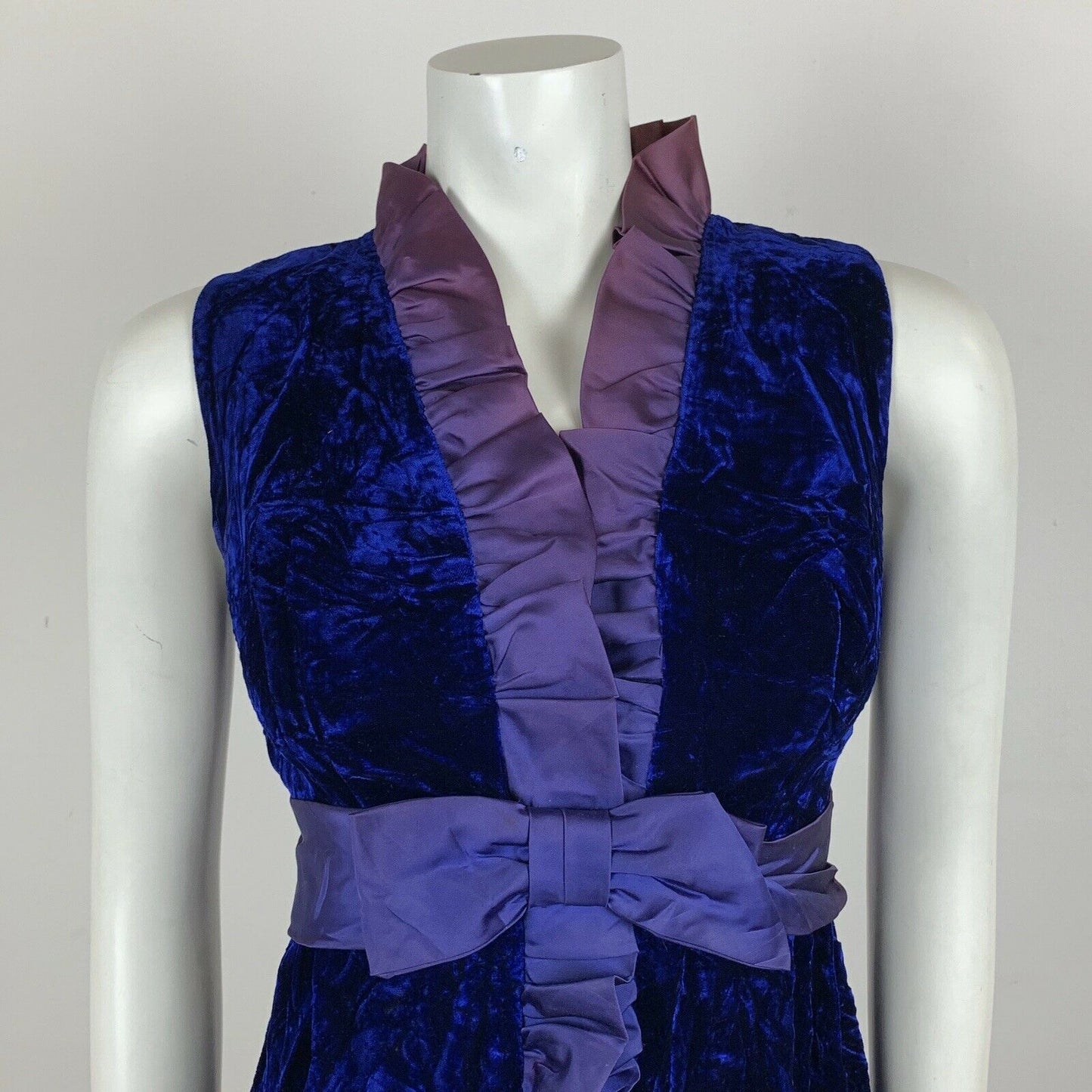 VINTAGE 60S BLUE PURPLE CRUSHED VELVET TAFETTA BOW PARTY DRESS 6