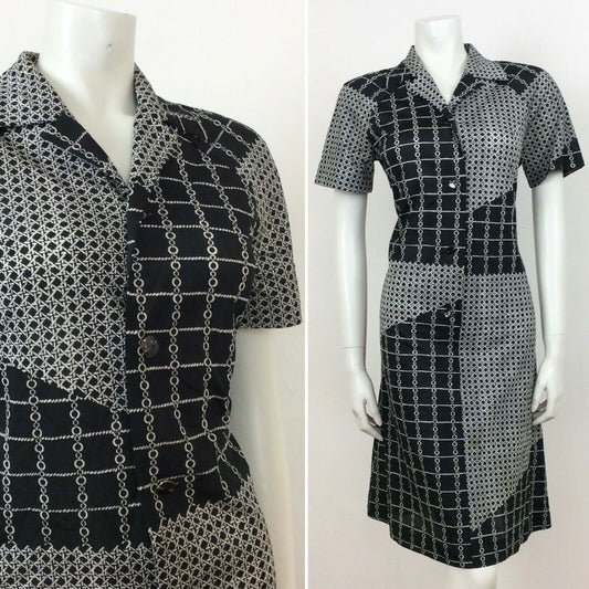 70S VINTAGE BLACK WHITE CHAIN LINK CHECK PATTERN MIDI DRESS 12