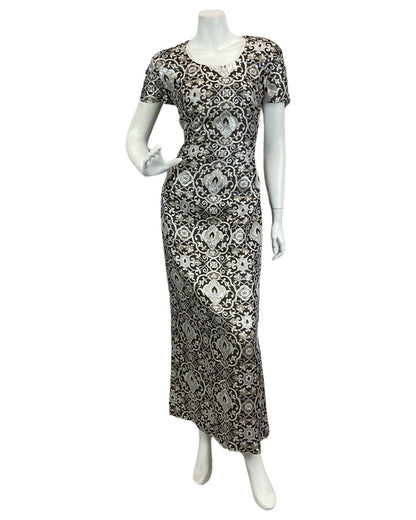 VTG 60s 70s SILVER METALLIC FLORAL PRINT DISCO PARTY EVENING MAXI DRESS 14 16