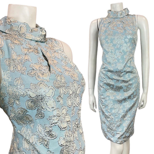 VINTAGE 60s 70s BLUE SILVER FLORAL EMBROIDERED PARTY GLAM STUDIO 54 DRESS 14