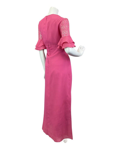 VINTAGE 60s 70s BRIGHT PINK FLORAL LACE FLOUNCE SLEEVE MOD SUMMER MAXI DRESS 12