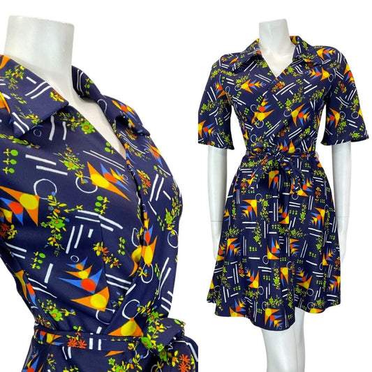 VINTAGE 60s 70s BLUE YELLOW GREEN GEOMETRIC FLOWER DAGGER COLLAR SHORT DRESS 10