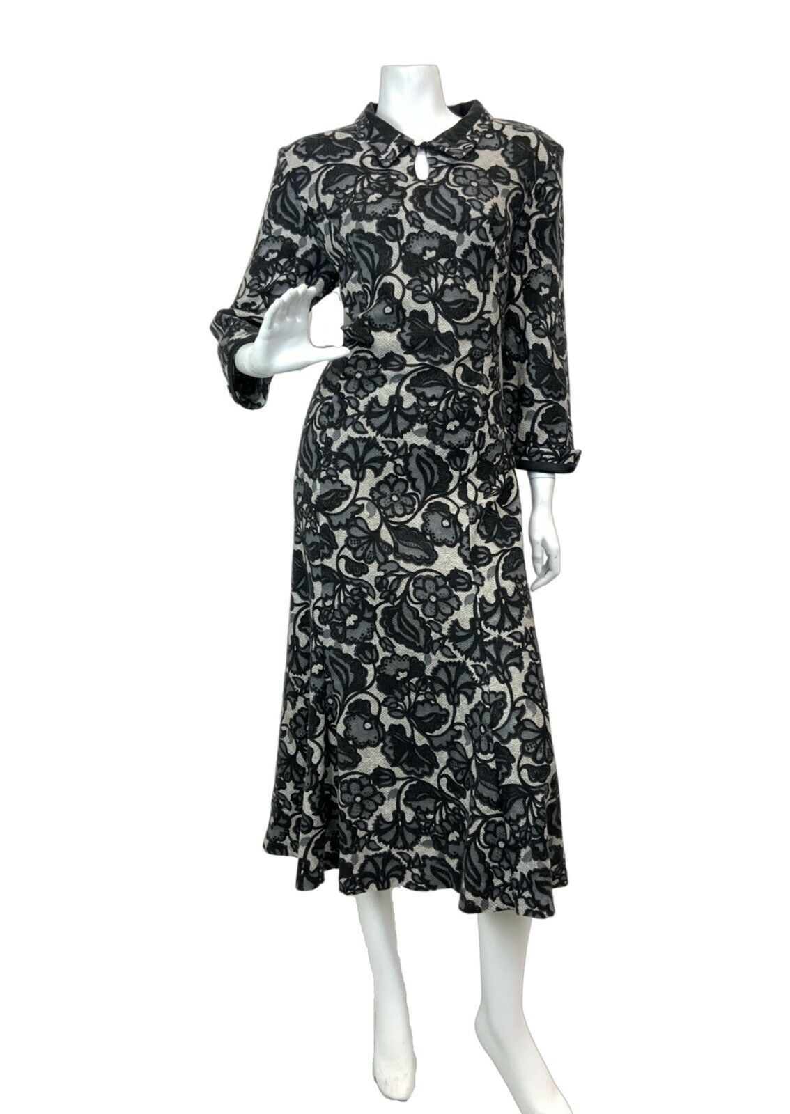 VINTAGE 60s 70s GREY BLACK FLORAL LEAFY MOD DAGGER COLLAR WOOL MAXI DRESS 14 16