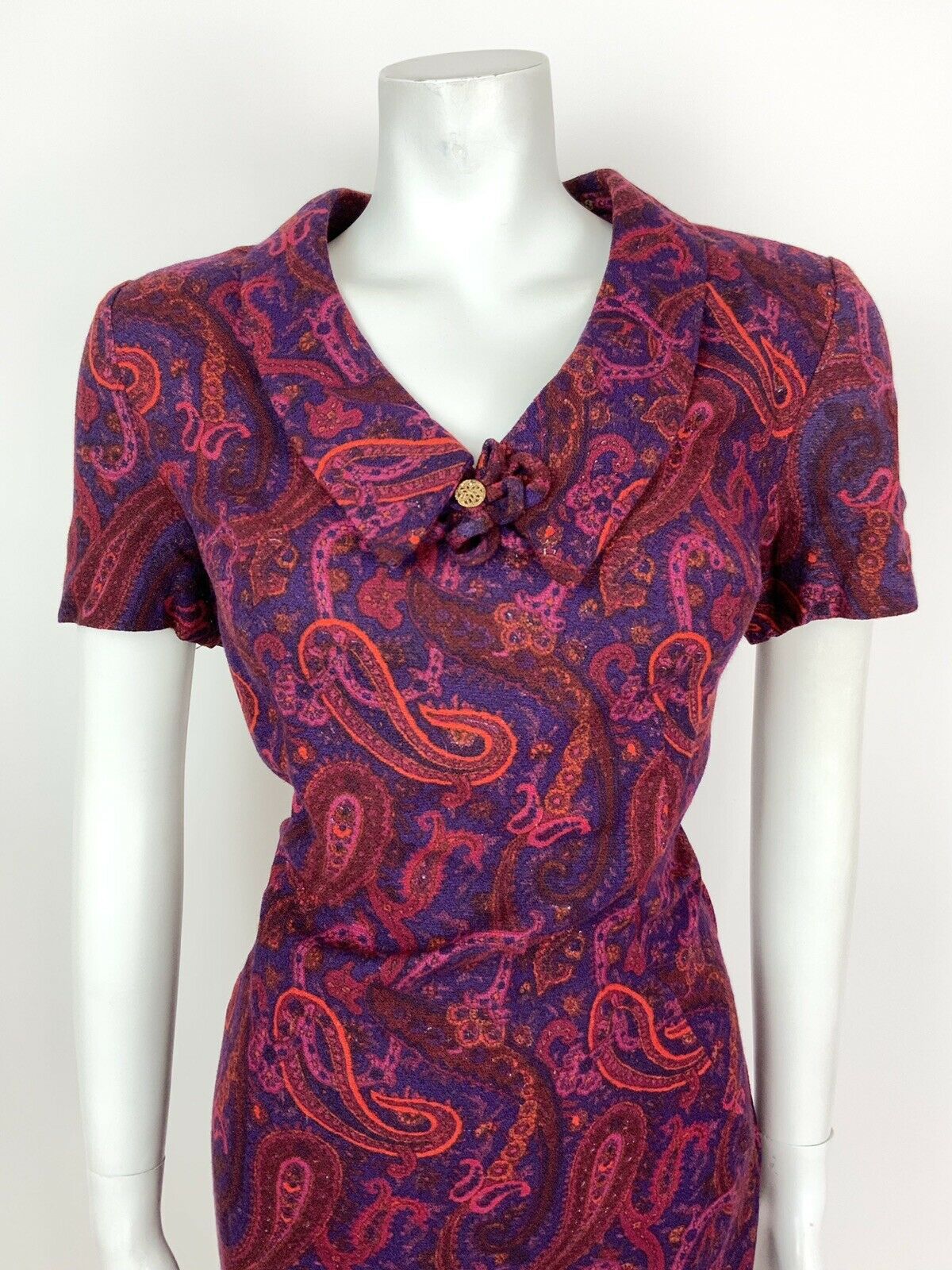 VTG 60s 70s PURPLE PINK ORANGE FLORAL PAISLEY CHELSEA COLLAR SHIFT DRESS 14 16