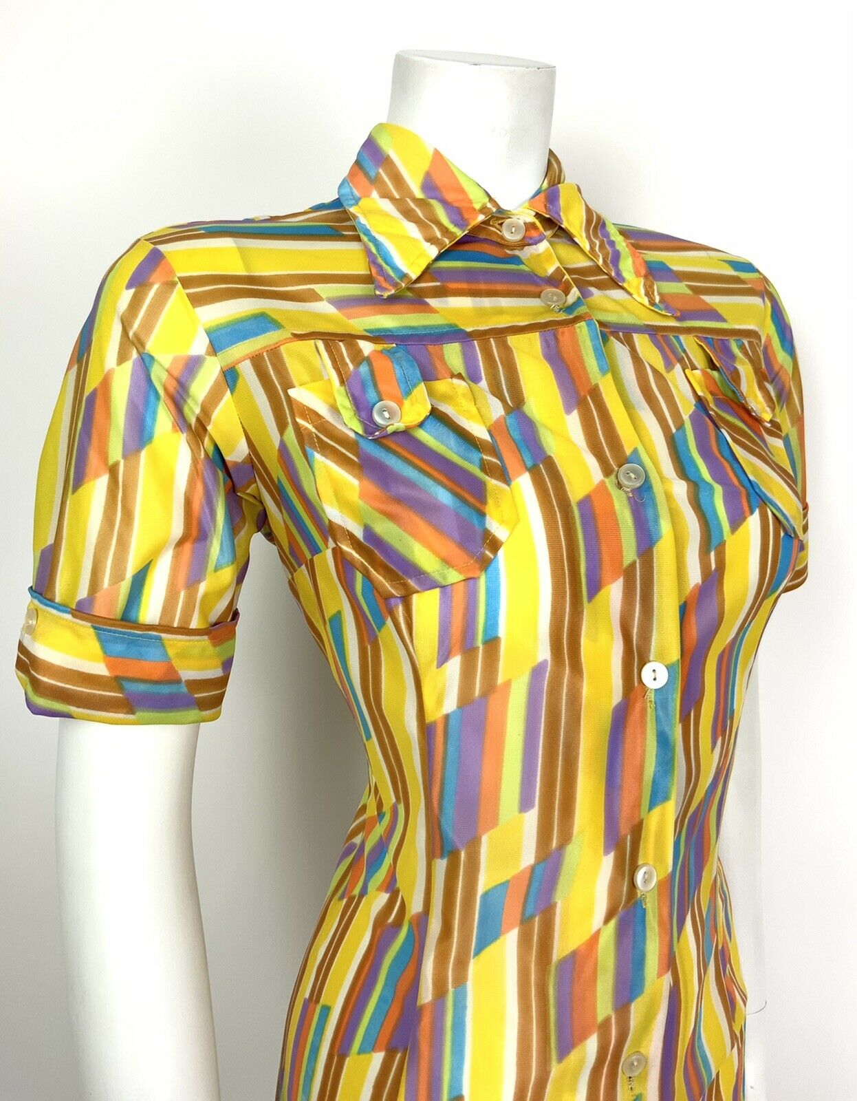 VINTAGE 60s 70s YELLOW WHITE PURPLE BLUE STRIPED DAGGER COLLAR SHIRT DRESS 10 12