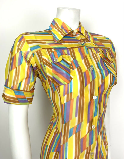 VINTAGE 60s 70s YELLOW WHITE PURPLE BLUE STRIPED DAGGER COLLAR SHIRT DRESS 10 12