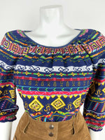 VTG 60s 70s BLUE YELLOW PINK AZTEC PSYCHEDELIC GEOMETRIC TRIBAL BLOUSE TOP 10 12