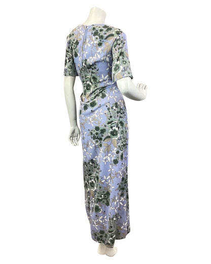 VINTAGE 60s 70s PURPLE GREEN FLORAL BELL SLEEVE MAXI DRESS 12