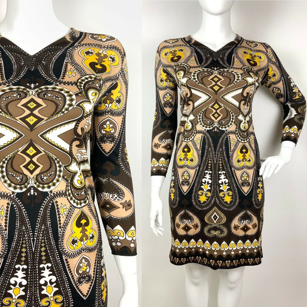VINTAGE 60s 70s BLACK BROWN BEIGE YELLOW PAISLEY ETHNIC PSYCHEDELIC DRESS 16 18
