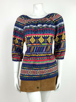 VTG 60s 70s BLUE YELLOW PINK AZTEC PSYCHEDELIC GEOMETRIC TRIBAL BLOUSE TOP 10 12