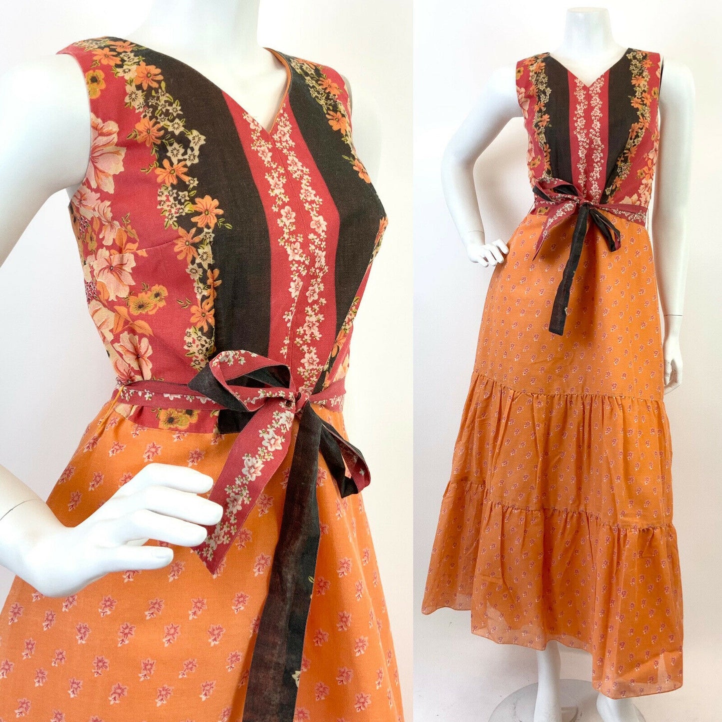 VTG 60s 70s ORANGE BLACK RED FLORAL BOHO FOLK SLEEVELESS TIERED MAXI DRESS 10