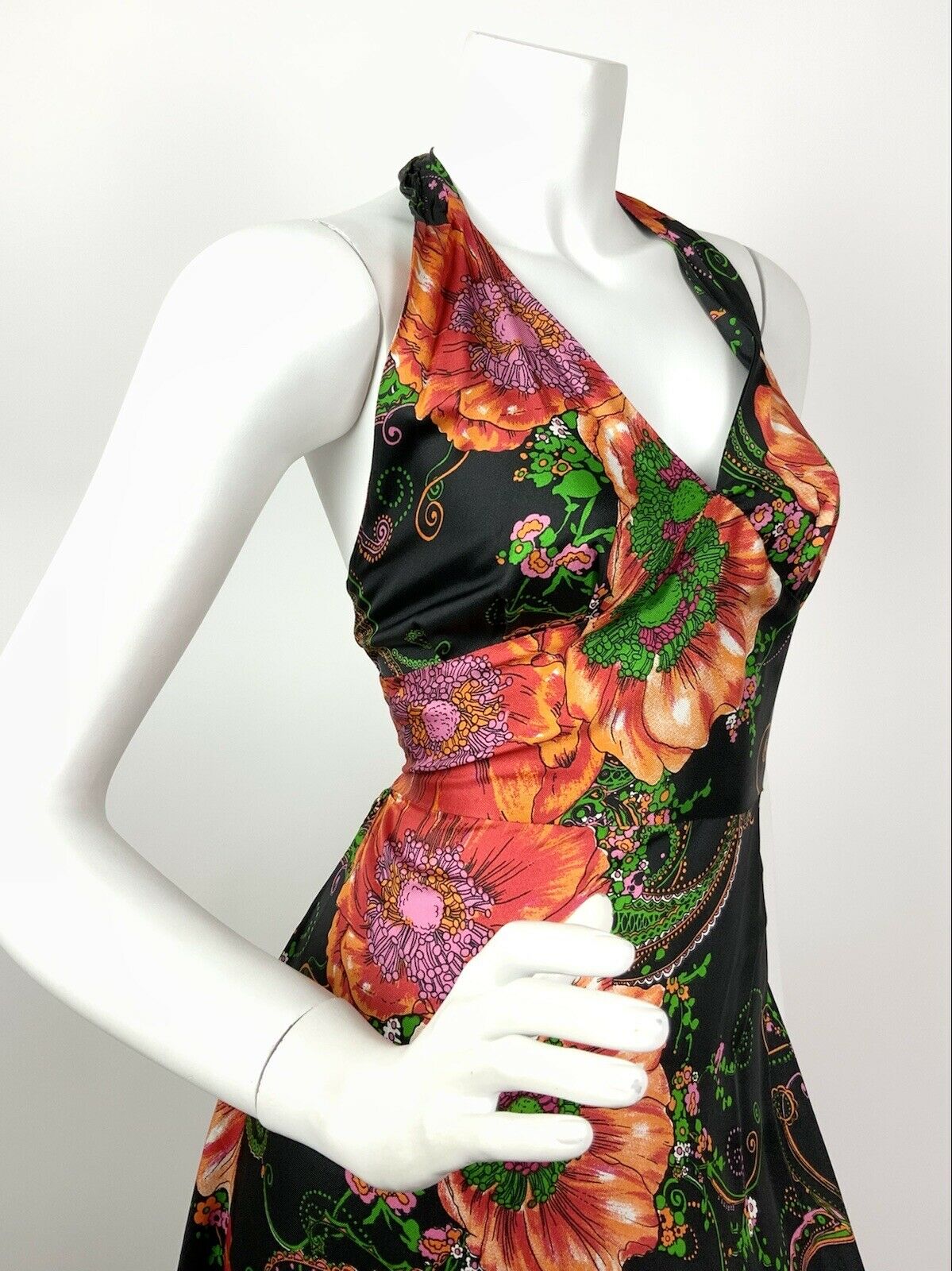 VINTAGE 60s 70s BLACK ORANGE GREEN FLORAL POPPY PAISLEY HALTER MAXI DRESS 10 12