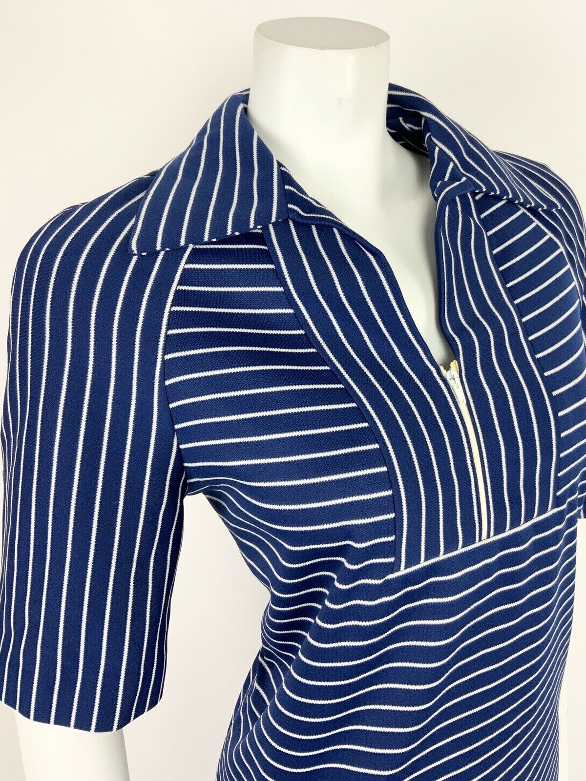 VTG 60s 70s NAVY BLUE WHITE STRIPED WING SHIRT COLLAR SHIFT DRESS 12 14 16