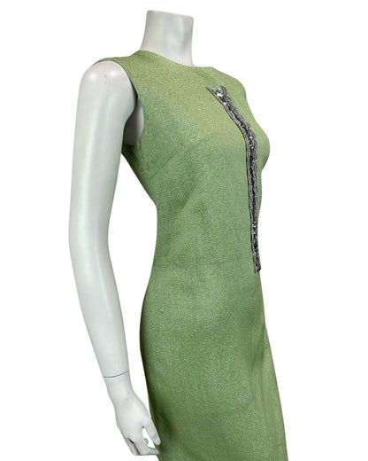 VINTAGE 60s 70s GREEN METALLIC SILVER MOD MINI PARTY CHRISTMAS EVENING DRESS 14