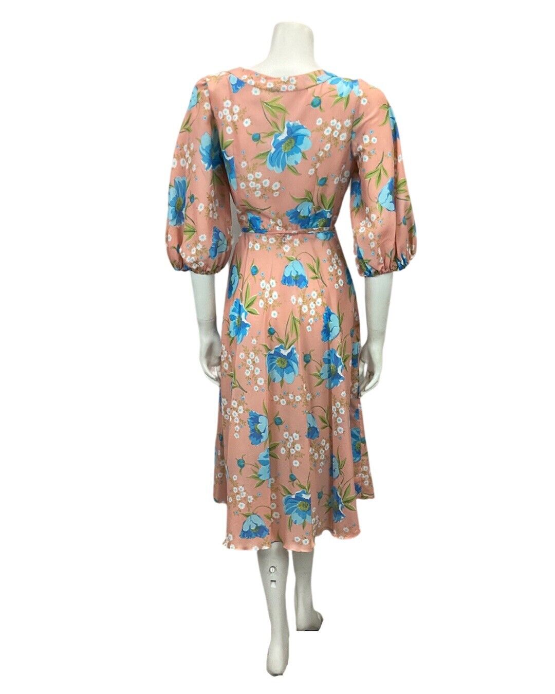 VINTAGE 60s 70s PASTEL PINK BLUE GREEN FLORAL PRINT MIDI TIE NECK DRESS 10 12