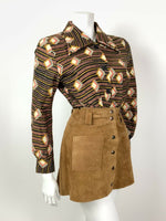 VINTAGE 60s 70s BLACK BROWN CREAM GOLD STRIPED GEOMETRIC DAGGER SHIRT 14