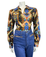 VINTAGE 60s 70s BEIGE BLACK BLUE RED AZTEC GEOMETRIC MOD BLOUSE 14 16