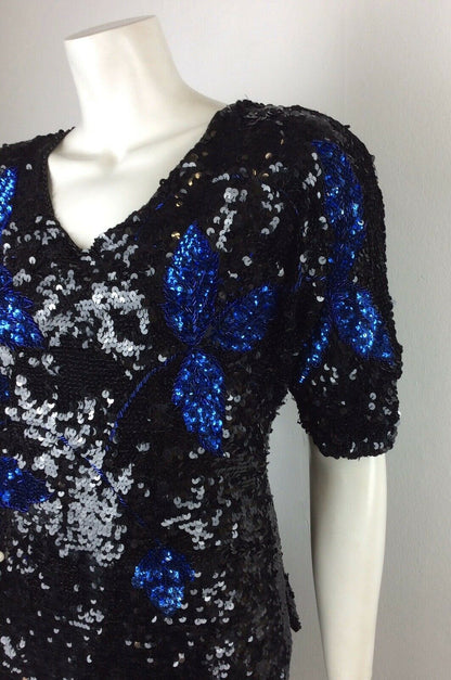 VINTAGE 70’S TOP, BLACK, BLUE SEQUINS, FLOWER PATTERN, PARTY / EVENING, 14 16