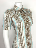 VTG 60s 70s BLUE BROWN WHITE GOLD WAVE OP ART DAGGER COLLAR SHIRT DRESS 8 10