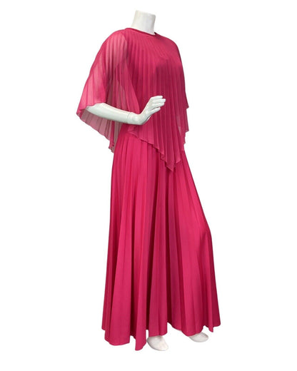 VINTAGE 70s FUCHSIA PINK STUDIO 54 BOHO CAPE SLEEVE MAXI DRESS GOWN 10