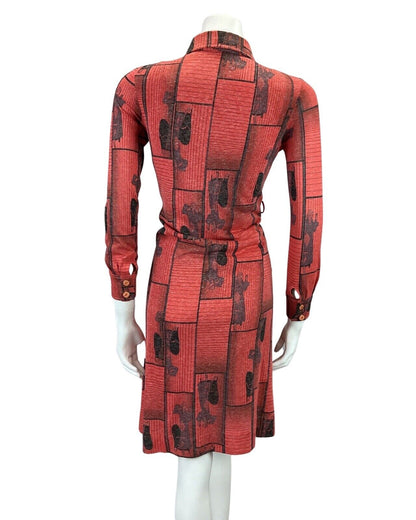 VINTAGE 60s 70s RED BLACK ART DECO PRINT DAGGAR COLLAR MOD MIDI DRESS 10 12