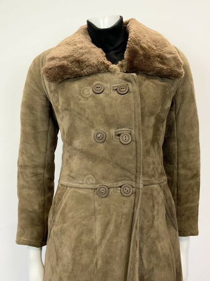 VTG 60s 70s PEANUT BROWN SHEARLING SUEDE DOUBLE-BREASTED PRINCESS SWING COAT 10