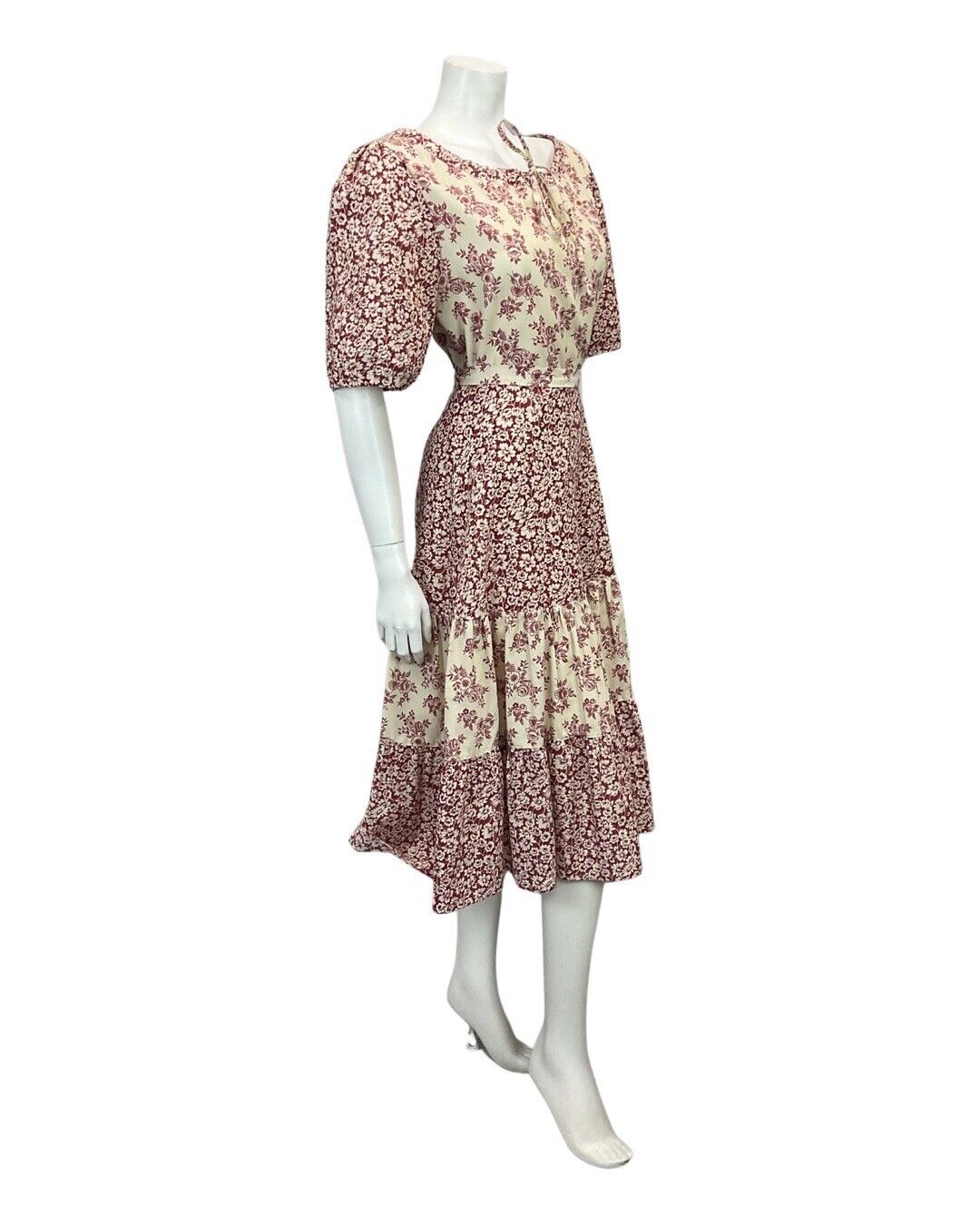 VINTAGE DIOLEN 70s DUSTY PINK CREAM FLORAL PRINT BOHO FOLK MIDI DRESS 10 12