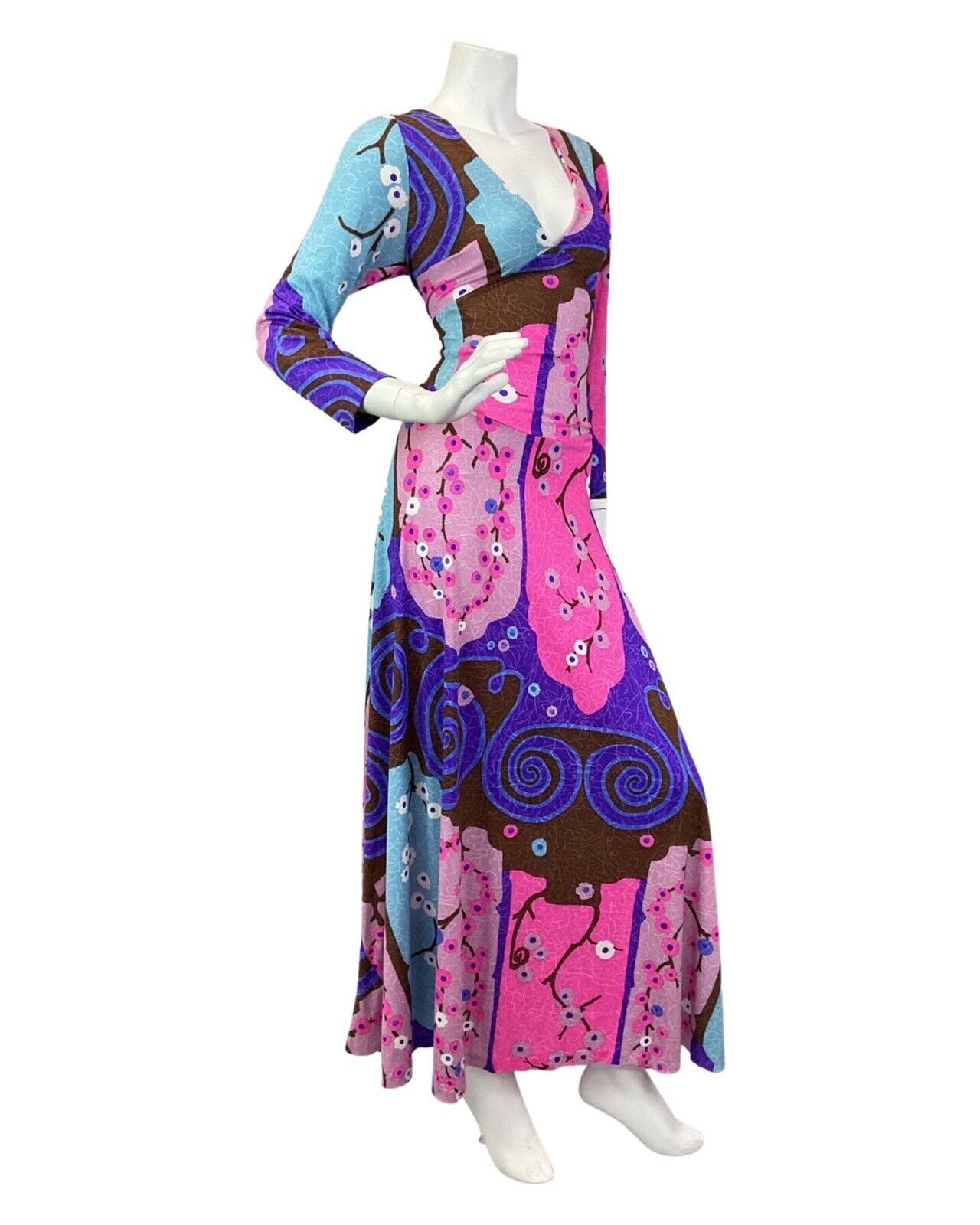 VINTAGE 60s 70s PINK PURPLE BROWN PSYCHEDLIC FLORAL BLOSSOM MOD MAXI DRESS 12 14