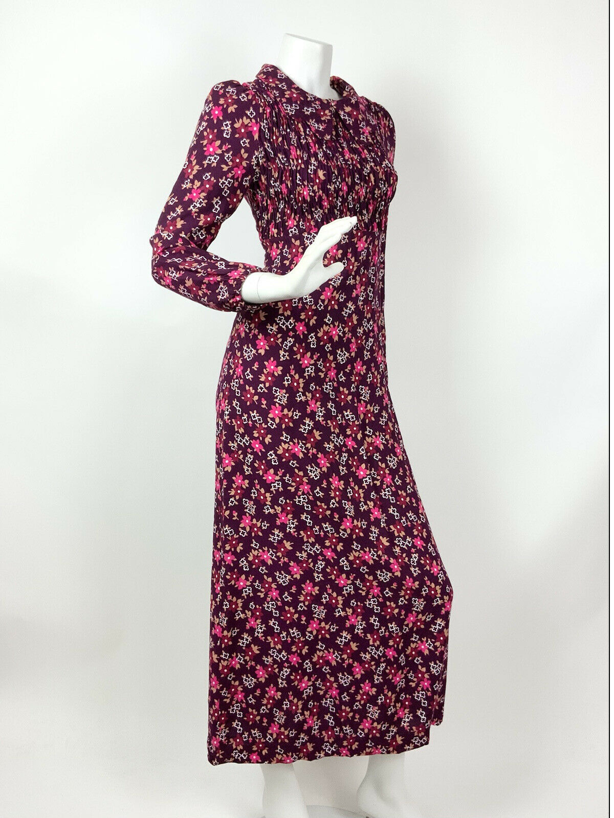 VTG 60s 70s PURPLE PINK WHITE FLORAL PSYCHEDELIC MOD SPOON COLLAR MAXI DRESS 8