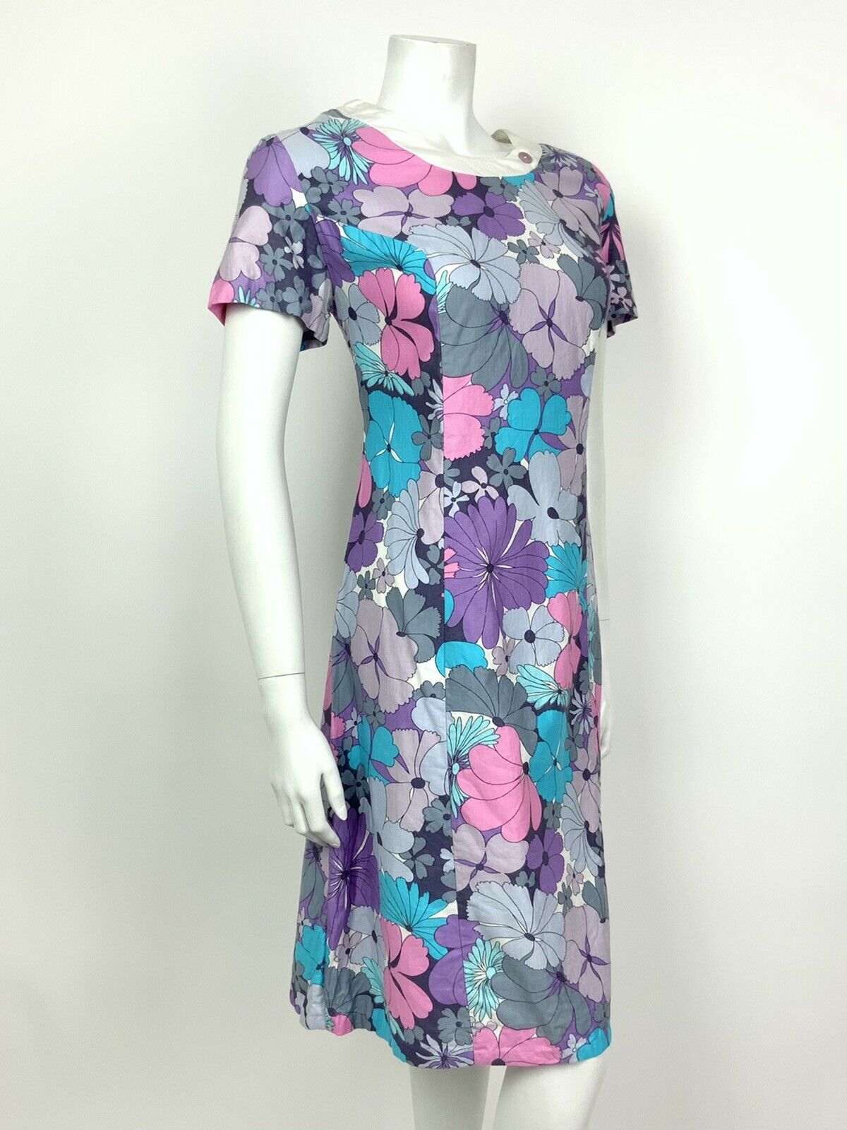 VTG 60s 70s PSYCHEDELIC PURPLE BLUE PINK GREY FLORAL SMOCK DRESS 10 12 14