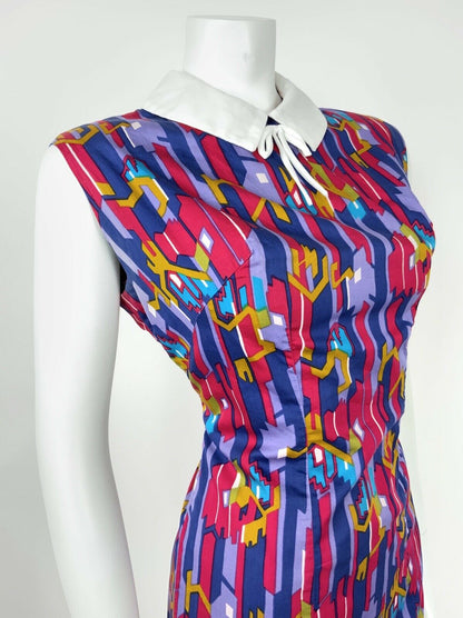 VINTAGE 60s 70s ABSTRACT SHIFT DRESS RED PURPLE BLUE GOLD WHITE COLLAR 14